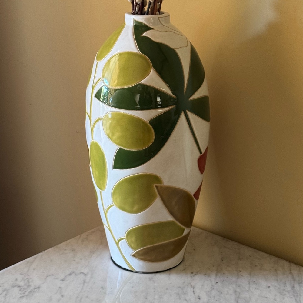 Pier 1 Imports Large Vase 17" Tall Off White Brick Red Green Olive Passionflower